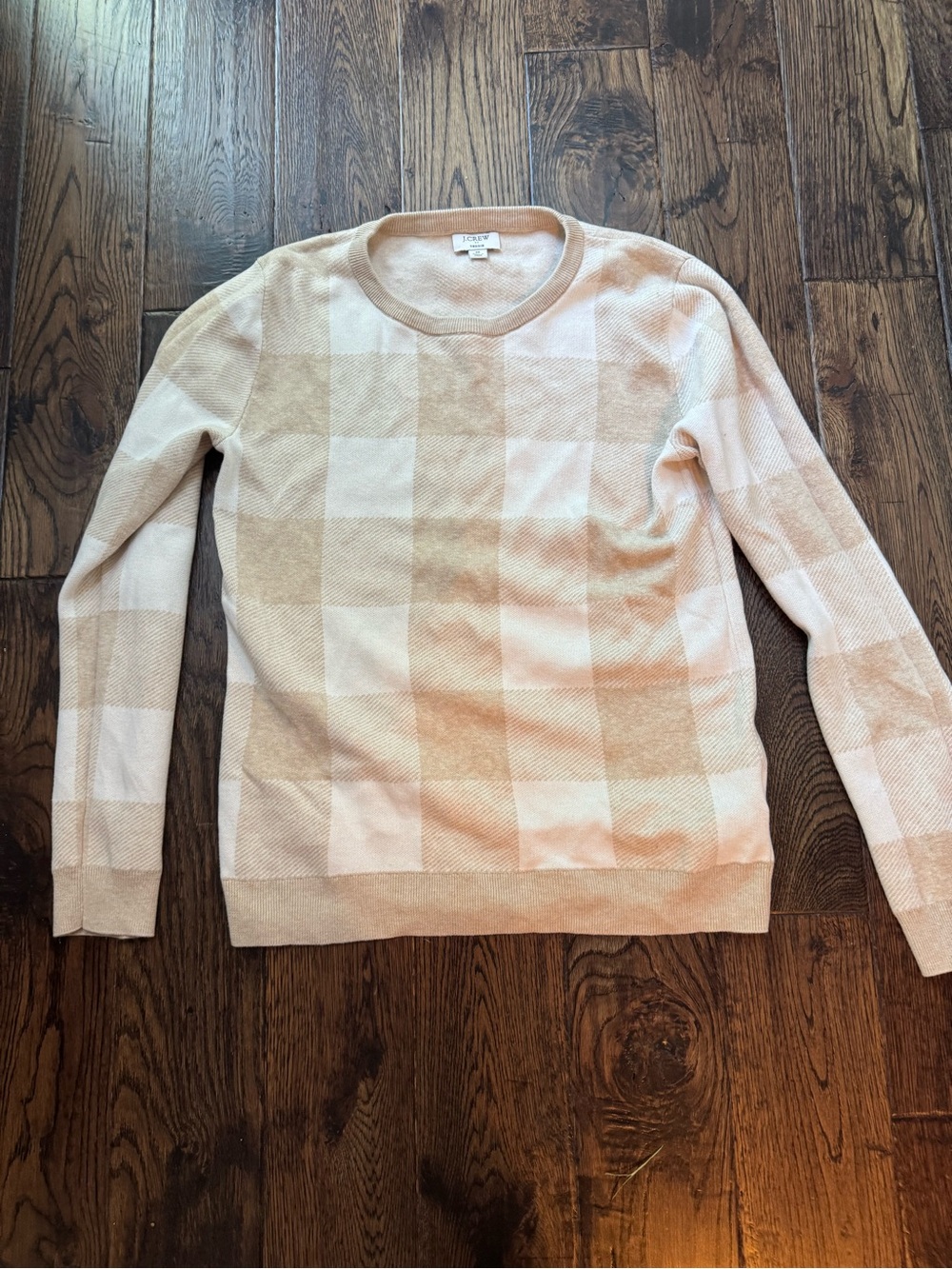 J. Crew Beige and Cream Check Teddie Crewneck Sweater